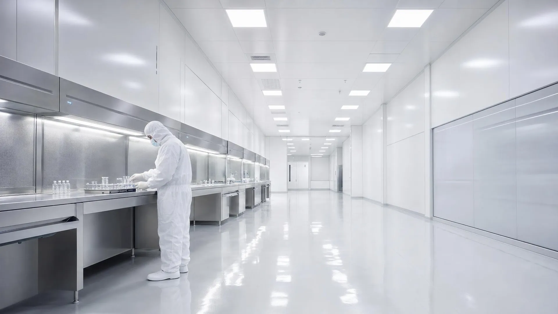 A technician working in a pristine pharmaceutical cleanroom