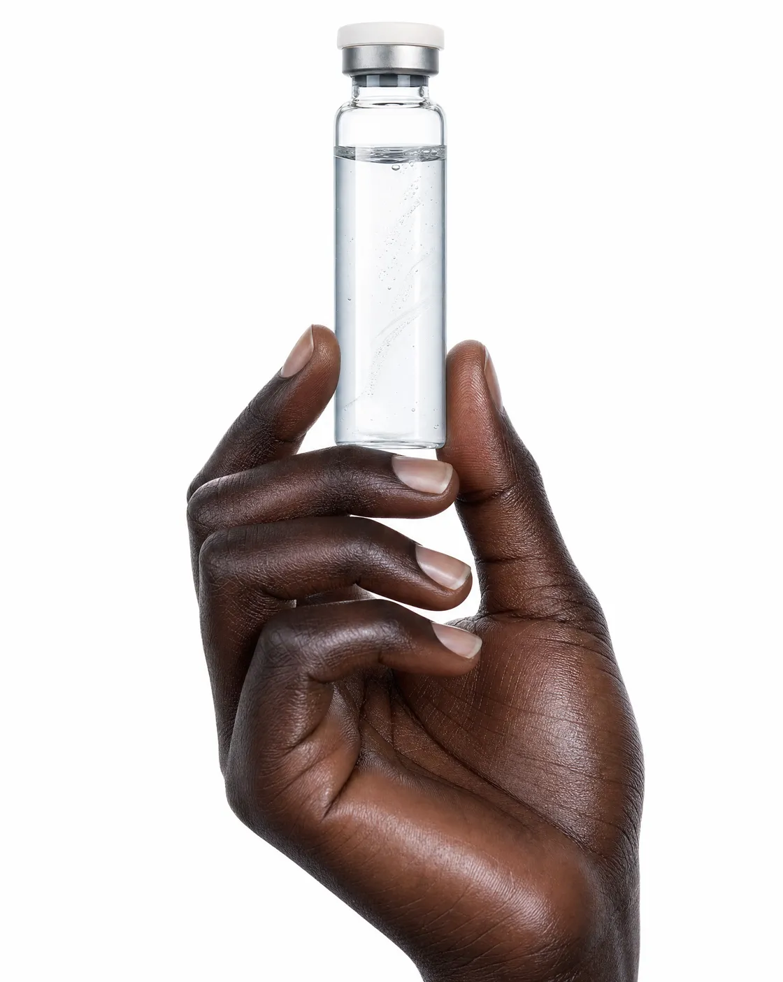A hand holding a BAC Waters vial up to the light
