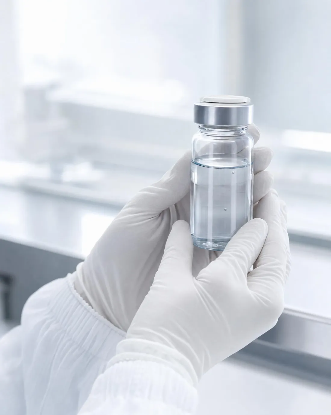 Gloved hands inspecting a clear vial of water in a cleanroom